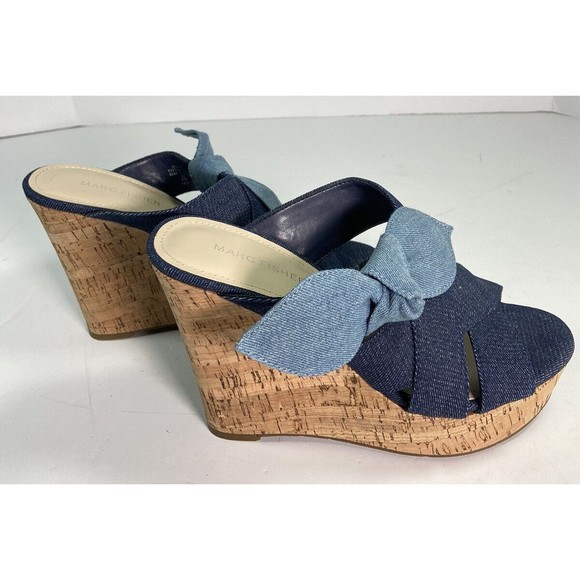 Marc Fisher Women's Hobby Sandal Size 8 Cork Wedge Platform Denim Slide Knot - Picture 8 of 11